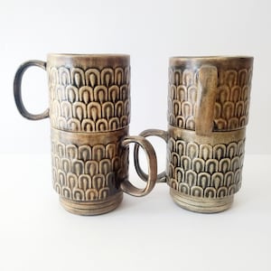 4 Vintage Signed Studio Pottery Mugs: Textured stoneware- MCM Shell Pattern Coffee Cups