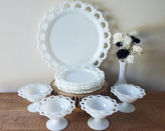 Vintage Snack Sets, Milk Glass Bowls and Plate Set, Open Lace Pedestal Bowl, Dessert Plates, Serving Plate, Anchor Hocking