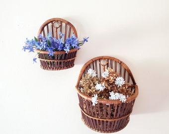 Vintage Basket, Wall Pocket, Hanging Vase, Wall Wicker Flower Vase, Set of Two 9" and 7" Wicker Wall Pocket