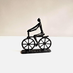 brutalist cyclist sculpture 9" vintage iron metal bicycle figurine
