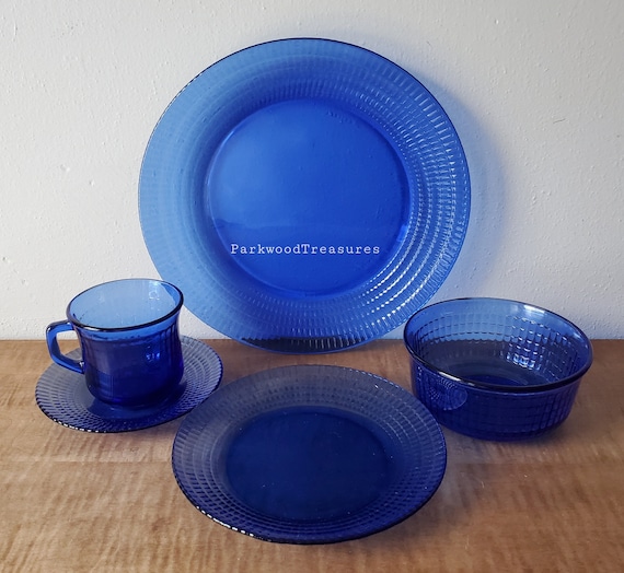 Vintage Cobalt Blue Glass Dinnerware Blue Dishes Forte Crisa Square Pattern Mexico 20 Piece Set for 4 Etsy