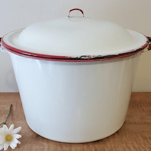 May include: A white enamelware pot with a lid, featuring a red rim and handles. The pot has a rounded shape and a matching lid with a red handle. The vintage kitchenware is set on a wooden surface, with a daisy flower in the foreground.