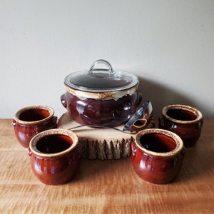 ceramic bean pot vintage brown drip pottery soup tureen with 4 Hull bowls