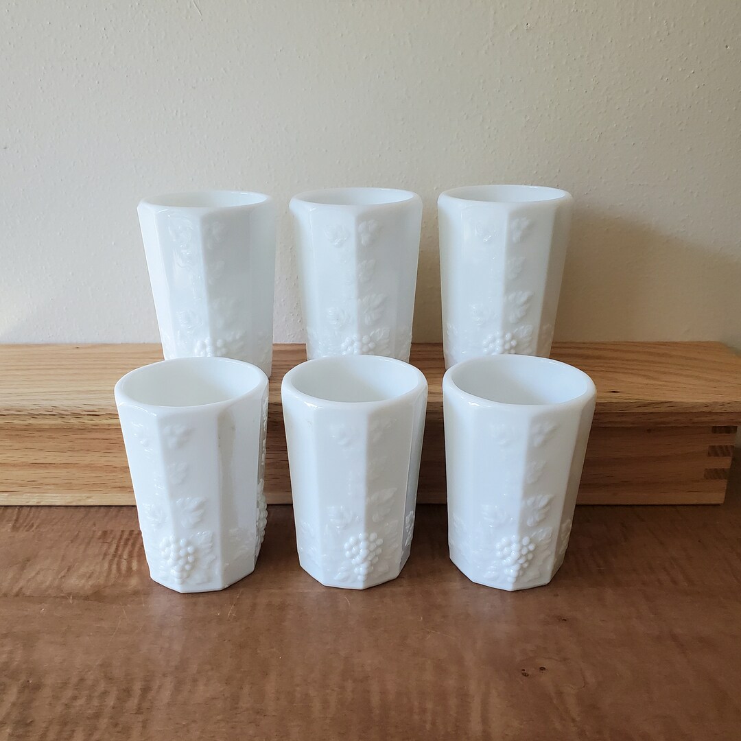 Vintage White Tumblers, Milk Glass Paneled Grape Glassware, Set of 6 Westmoreland Water Glasses