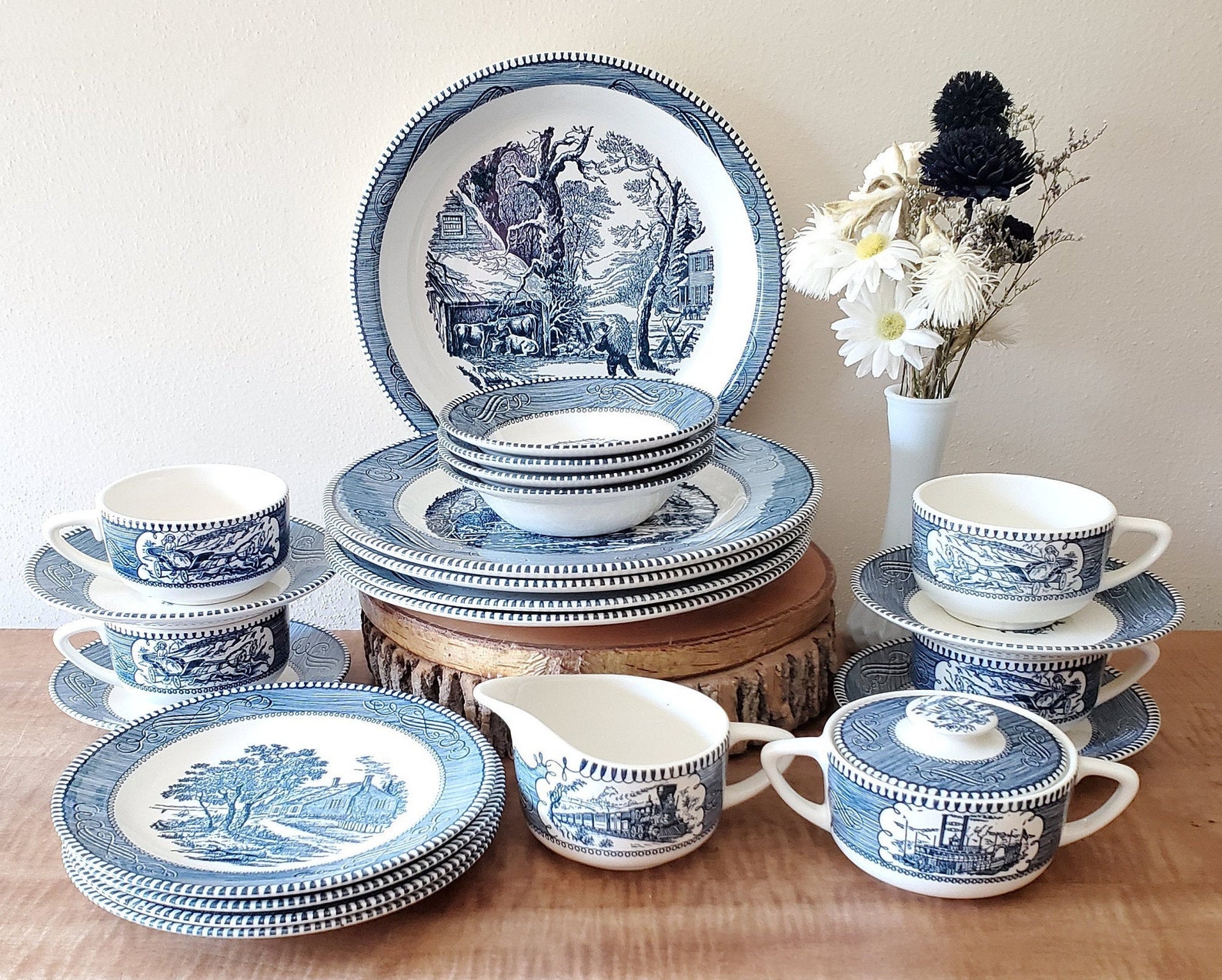 Vintage Currier & Ives Blue Dinnerware Set 24 Piece set for 4 Etsy