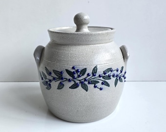 7" vintage Salmon Falls salt glaze crock: 2001 blueberry vine design  Dover NH
