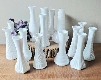 Vintage Milk Glass Vases White Wedding Vases Mixed Lot Bud Vases Bridal Shower Decor Mixed Lot of 15 Milk Glass Vases Variety of Vases