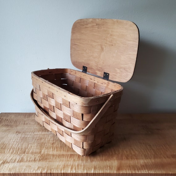 Vintage Picnic Basket, Woven Wood Picnic Basket, … - image 4