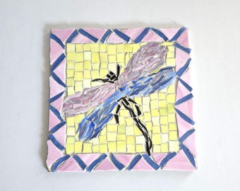 vintage handmade mosaic tile: Dragonfly- Folk Art