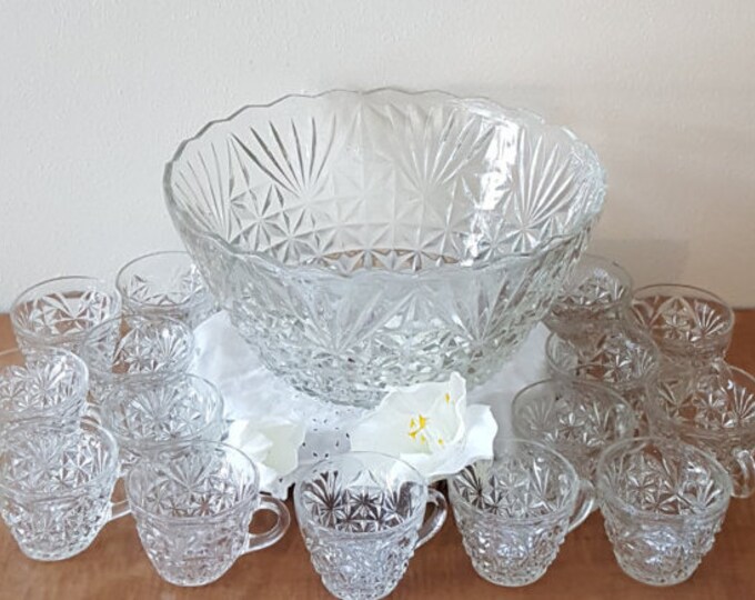 Vintage Crystal Glass Punch Bowl Set for 16 Arlington Punch Bowl by
