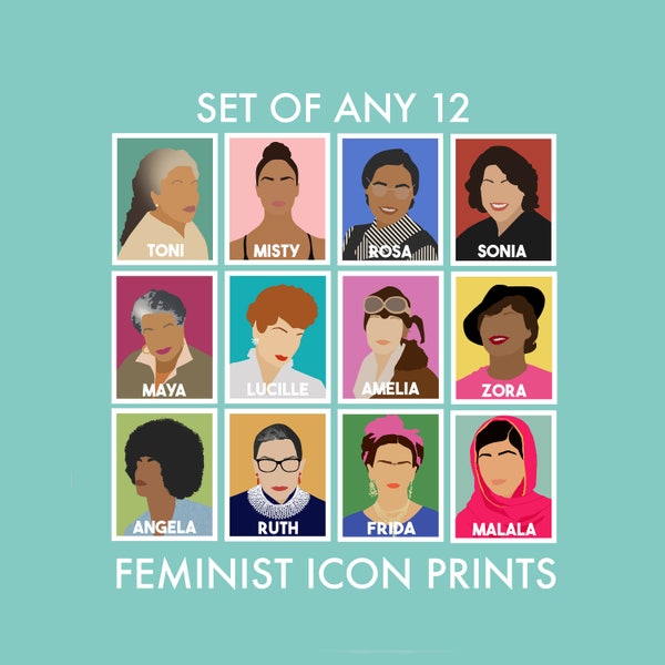 Set of Any 12 Feminist Icon Prints- Feminist Minimalist Wall Art- DISCOUNTED