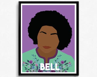 May include: A framed art print featuring a stylized portrait of a person with dark skin and black afro hair. The person is wearing a teal top with floral embroidery. The word "BELL" is printed in white.