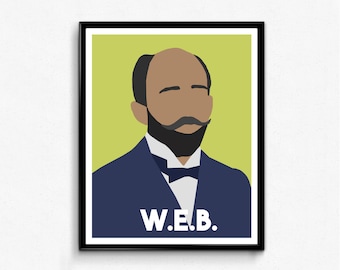 May include: A black and white portrait of W.E.B. Du Bois, a prominent African American civil rights activist and scholar. He is depicted wearing a dark suit with a bow tie and a thick beard. The background is a light green color.