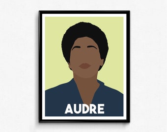 May include: A black and white illustration of a person with short, dark hair. The person is wearing a dark blue shirt and the word "AUDRE" is printed in white below the person's chin.