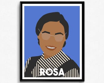 May include: A black and white striped portrait of Rosa Parks, a civil rights activist, against a blue background. The portrait is framed in a black frame. The text "ROSA" is printed below the portrait.
