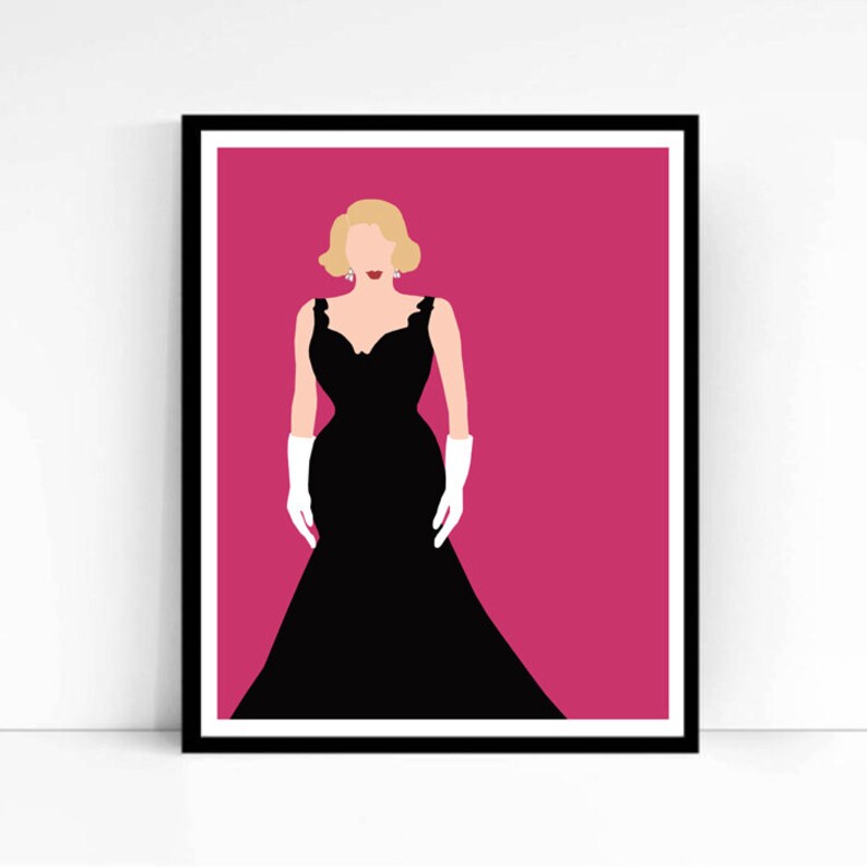 May include: A black and white illustration of a woman in a black gown with a pink background.