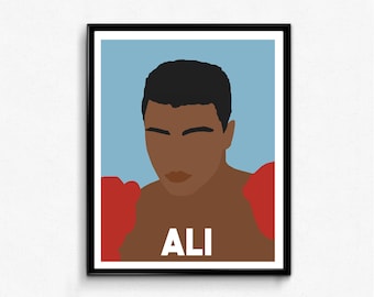 May include: A digital illustration of a portrait of Muhammad Ali, a famous boxer, with a red boxing robe. The text "ALI" is printed below the portrait.