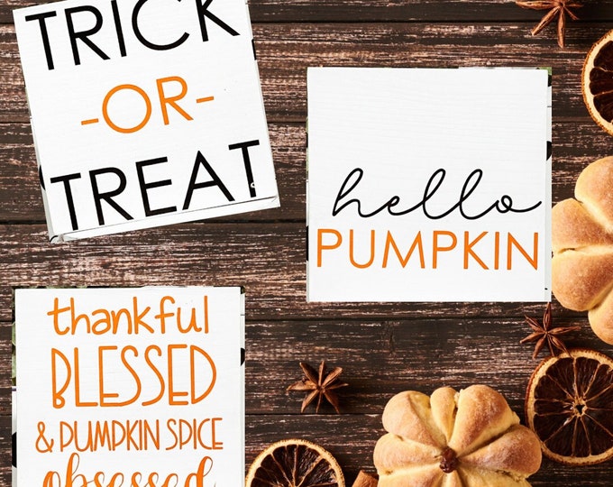Trio of Fall and Halloween 5x5 Wood Signs - Rustic Farmhouse Decor Bundle - Chic Fall Home Accents - Tiered Tray Decor