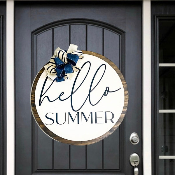 Rustic Farmhouse Hello Summer Front Door Sign - 18 Inch Wood Round Wreath - Front Porch Decor - Summer Home Decor