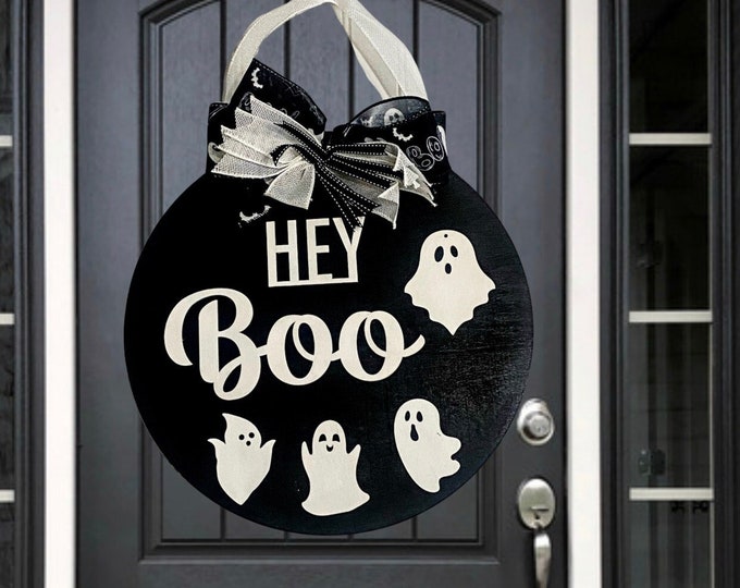 Hey Boo Halloween Front Door Sign, Spooky and Playful Front Porch Decor, Ghost Silhouette Design, Halloween Door Hanger for Front Door