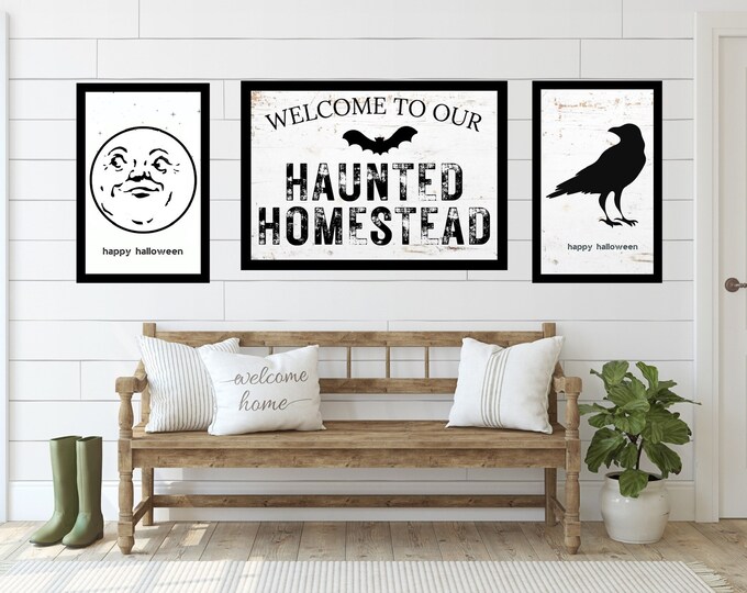 Spooky Halloween Art Set: Farmhouse Style Fall Decor - Haunted House Trio Prints - Halloween Home Decor