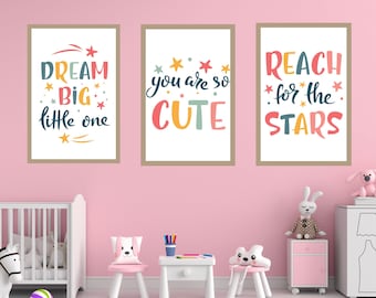 Dream Big Little One & Reach for The Stars: Brightly Colored Nursery Wall Prints - Digital Art