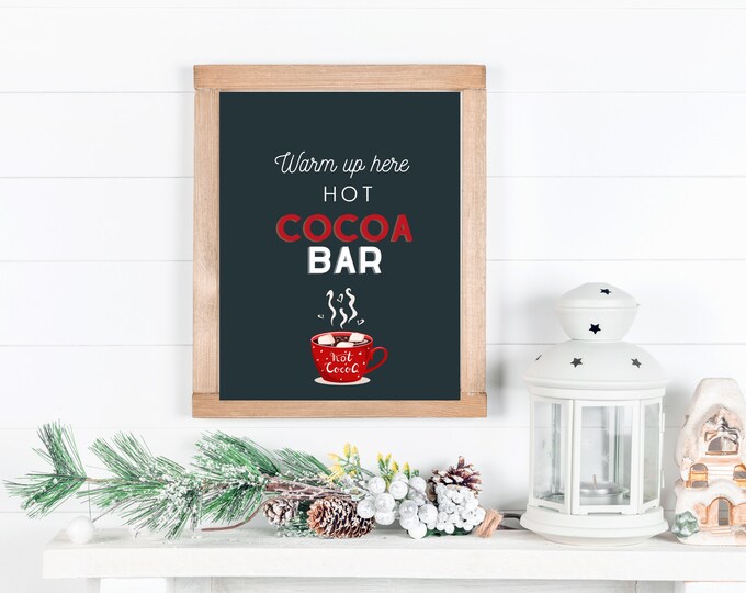 Hot Cocoa Bar Farmhouse Style Christmas Sign - Holiday Wall Art Printable - Farmhouse Christmas Decor