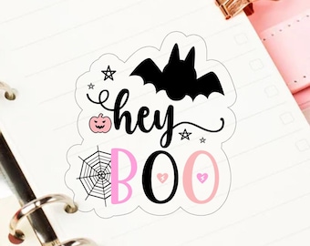Hey Boo Pink and White Vinyl Bat Sticker - Perfect for Journals, Mugs, Laptops & More! Halloween Decor - Kiss-Cut Stickers