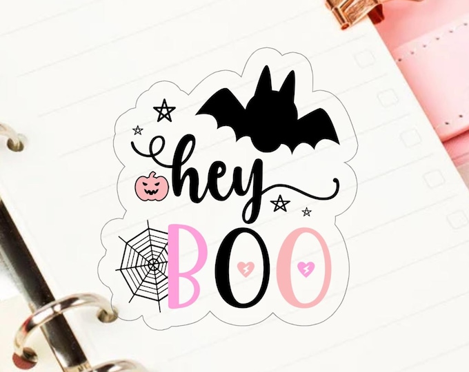 Hey Boo Pink and White Vinyl Bat Sticker - Perfect for Journals, Mugs, Laptops & More! Halloween Decor - Kiss-Cut Stickers