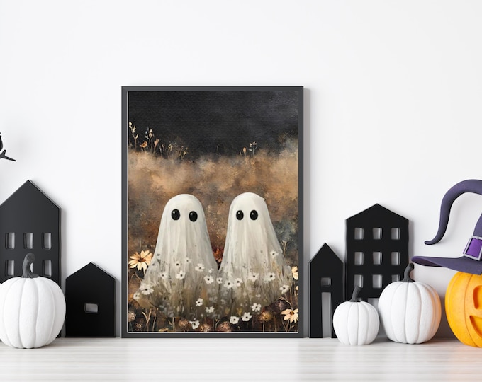 Dark Ghost Print, Moody Halloween Digital Download, Cute Ghosts Wall Art, Spooky Forest & Wildflowers, Halloween Home Decor