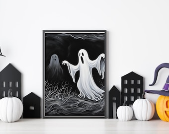 Spooky Ghost painting printable wall art print, Halloween Home Decor, Vintage Dark Aesthetic, Art Print, Haunted House Decor