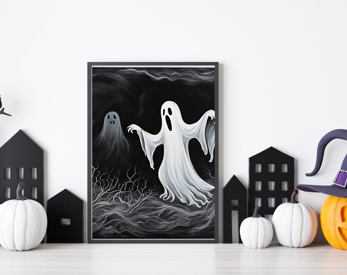 Spooky Ghost painting printable wall art print, Halloween Home Decor, Vintage Dark Aesthetic, Art Print, Haunted House Decor