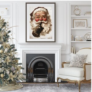May include: A vintage illustration of Father Christmas with a white beard and red cheeks, wearing a red hat and a brown glove, with his finger to his lips, as if to say "shhh".