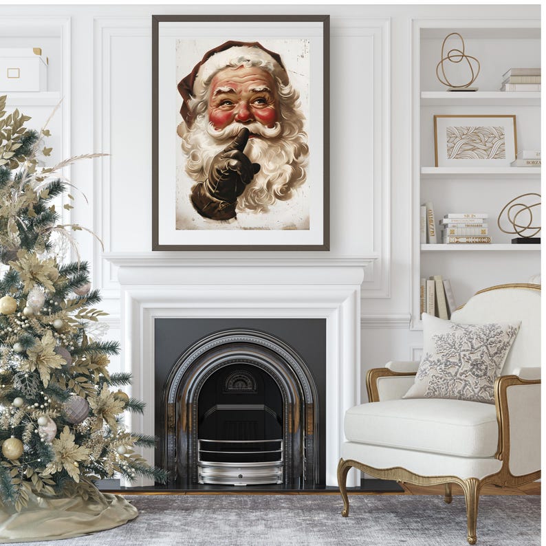 May include: A vintage illustration of Father Christmas with a white beard and red cheeks, wearing a red hat and a brown glove, with his finger to his lips, as if to say "shhh".