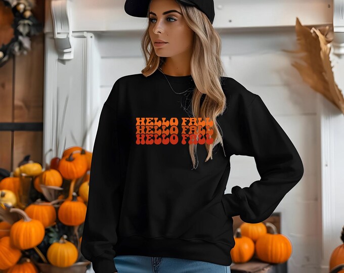 Hello Fall Stacked Font Crewneck Sweatshirt - Trendy Women's Fall Top, Women's Apparel, Autumn Jumper, Cozy Fall Pullover, Cute Fall