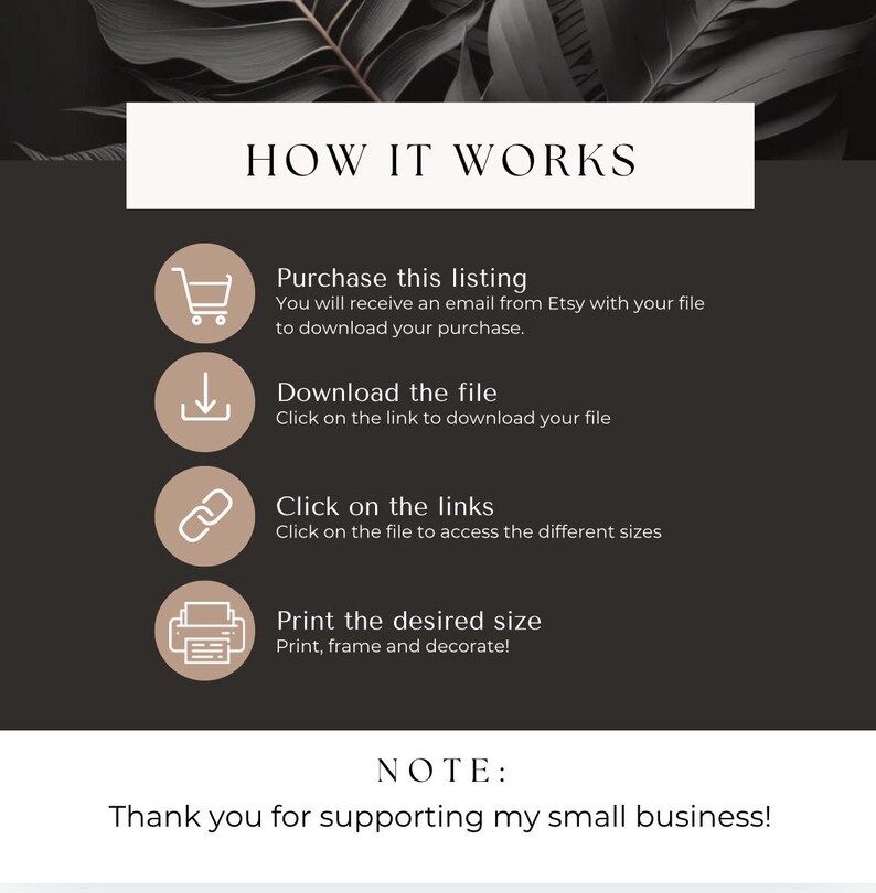 Może przedstawiać: Grafika w czerni i bieli z instrukcjami, jak pobrać i wydrukować plik cyfrowy. Tekst brzmi: "HOW IT WORKS", "Purchase this listing", "Download the file", "Click on the links", "Print the desired size" oraz "NOTE: Thank you for supporting my small business!"