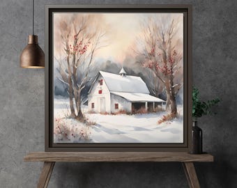 Rustic White Christmas Barn Canvas Print, Winter Farmhouse Wall Art, Snowy Barn Scene with Red Trees, Christmas Landscape Art, Cozy Holiday