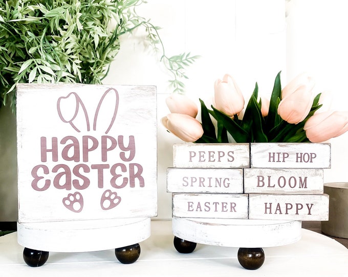 Easter Decor Bundle with Wood Signs and Mini Word Blocks, Easter Typography Wood Signs for Tiered Tray Decor