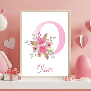 Pink Floral Monogram Nursery Decor - Personalized Initial Wall Print - Customizable Digital Print
