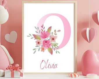 Pink Floral Monogram Nursery Decor - Personalized Initial Wall Print - Customizable Digital Print