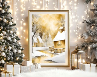 Gold Winter Village Christmas Print - Snow Covered Houses & Trees - Elegant Gold Christmas Wall Art - Holiday Winter Scene Decor