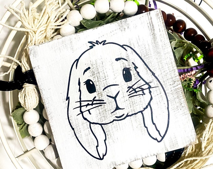 Whimsical Cottontail Bunny 5 x 5 Easter Bunny Sign: Adorable Baby Bunny Vinyl Portrait Wood Sign - Easter Tiered Tray Decor