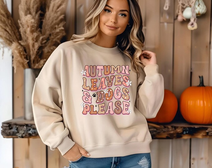 Cozy Autumn Sweatshirt in Retro Design, Fall Colors - Autumn Leaves & Dogs Please, Chic Fall Apparel, Trendy Fall Sweatshirt