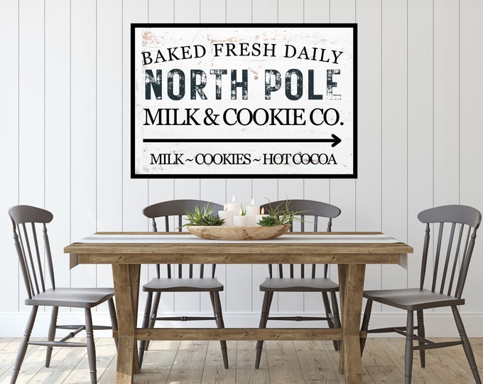 North Pole Milk and Cookies Vintage Sign - Christmas Wall Decor Print - Rustic Bakery Decor - Digital Print