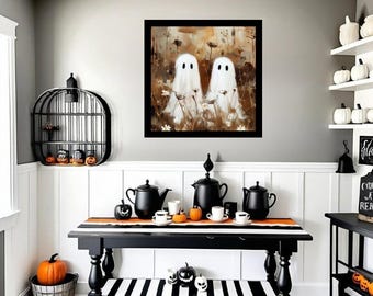Two Ghosts in a Field Art Print – Spooky Ghost Landscape Wall Decor | Whimsical Halloween Printable, Watercolor Ghost Couple Digital Art