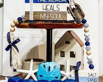 Beach Tiered Tray Decor Bundle, Wood Book Stacks, Beaded Garland, Wood Beach Blocks, Beach House Decor