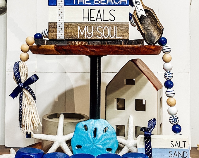 Beach Tiered Tray Decor Bundle, Wood Book Stacks, Beaded Garland, Wood Beach Blocks, Beach House Decor