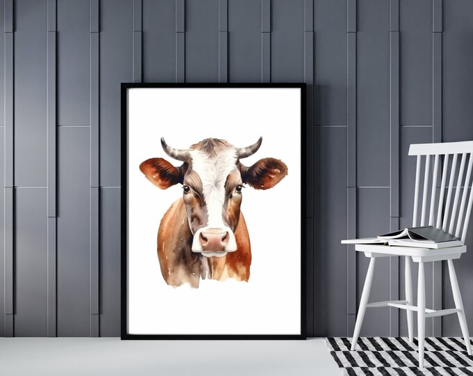 Watercolor Cow Print - Farm Animal Art - Digital Download - Farmhouse Style Wall Sign