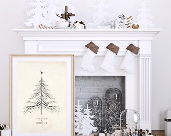 Minimalist Merry & Bright Christmas Tree Art Poster, Holiday Wall Art, Matte Vertical Print, Merry and Bright Decor, Modern Christmas Print