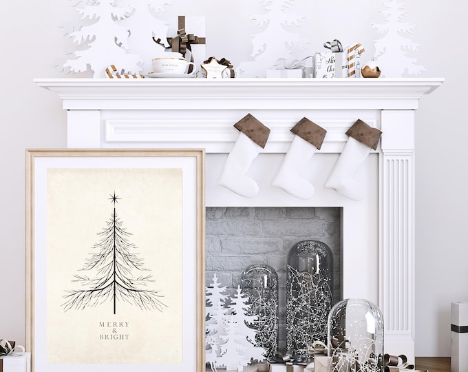Minimalist Merry & Bright Christmas Tree Art Poster, Holiday Wall Art, Matte Vertical Print, Merry and Bright Decor, Modern Christmas Print